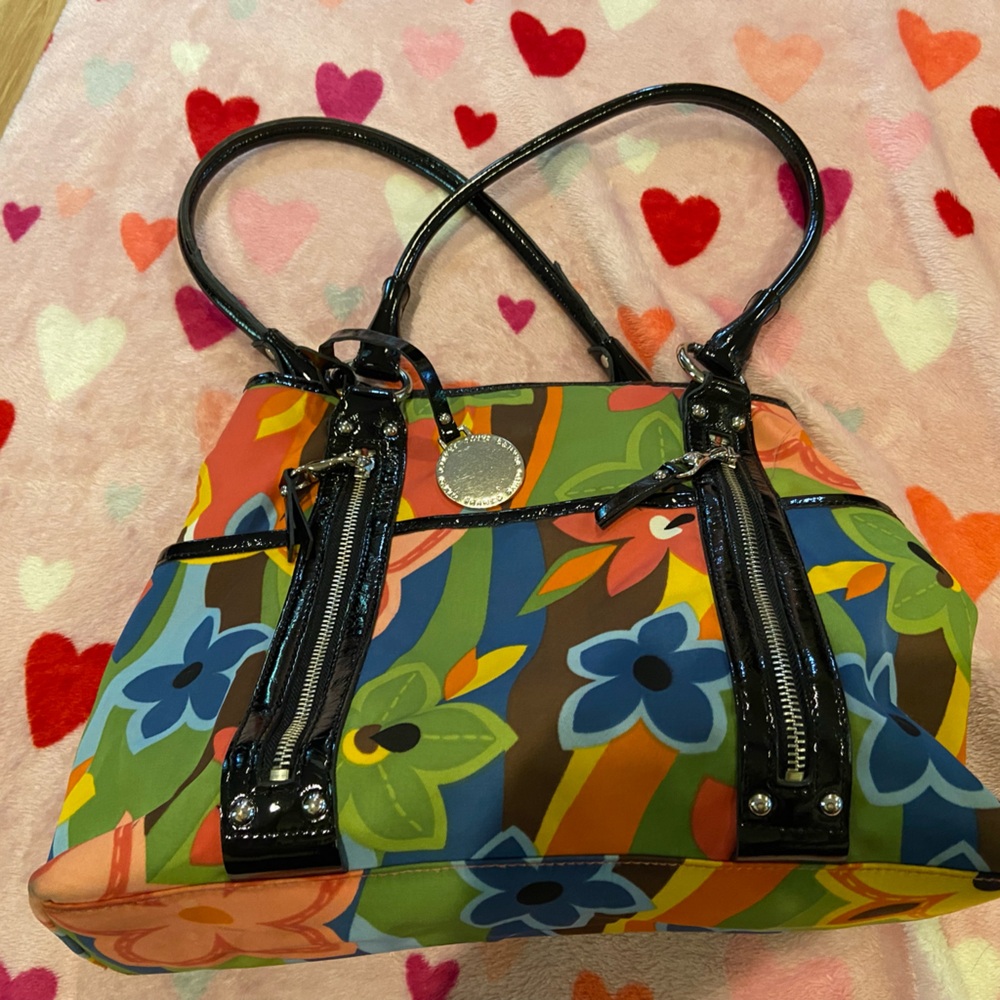 Franco Sarto Multi Color Retro Floral Print Nylon Canvas Shoulder Bag